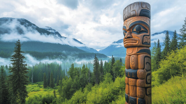 A traditional Native Alaskan totem pole in a picturesque forest setting, highlighting the cultural heritage of Alaska Day