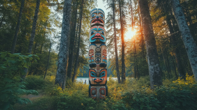 A traditional Native Alaskan totem pole in a picturesque forest setting, highlighting the cultural heritage of Alaska Day