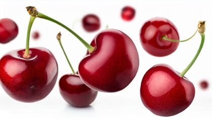 Red cherries floating in the air on white background; delicious cherries flying in the air against a white background; closeup view cherries in mid air; detailed photography; fruit photography; sweet