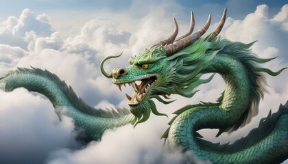 Chinese dragon flying high above and in the clouds; a Chinese mythical creature flying among the clouds; fairytale and mythology; 3D illustration of a Chinese dragon flying in the skies