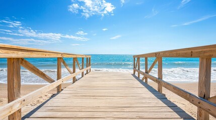 Fototapeta premium Wooden Boardwalk Leading to a Serene Sandy Beach and Ocean Horizon