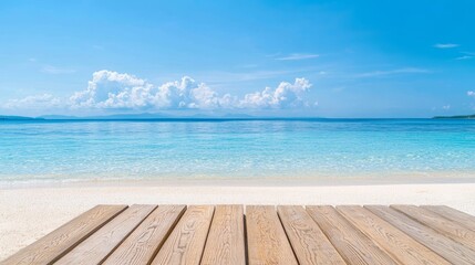 Fototapeta premium Wooden Planks Leading to Tranquil Ocean Beach Shoreline Panorama