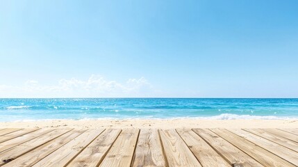 Fototapeta premium Wooden Planks on a Sunny Beach with a Gentle Sea and Horizon
