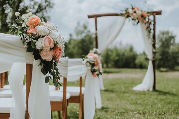 Elegant Outdoor Wedding Ceremony Decor with Floral Arch and Chairs