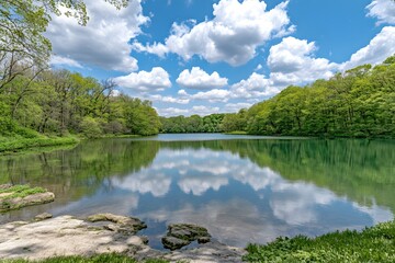 Fototapeta premium Tranquil Lake with Lush Green Trees and Blue Sky Reflections