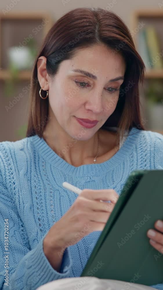 Poster woman, tablet and digital pen on couch with sketch, drawing and animation app for art and connection