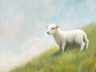 Pastoral Play: A Gamboling Lamb on a Grassy Hill in Playful Pastels