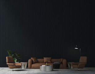 The modern cozy interior design concept of lounge and living room and leather sofa set and black tile wall background