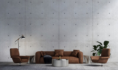 The modern interior design concept of lounge and living room and leather sofa set and concrete wall...