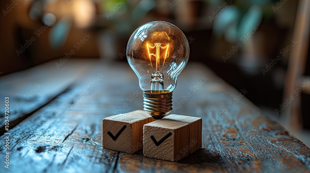 Aufkleber conceptual image of light bulb on wooden blocks and checkmark symbolizing creative and successful id