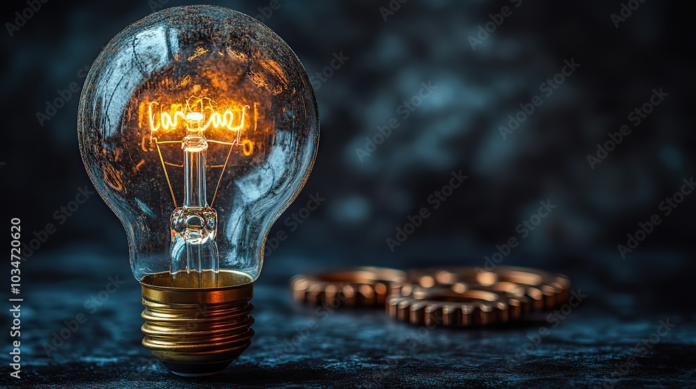 Poster conceptual image of lightbulb and gears symbolizing effectiveness and creativity ideal for illustrat