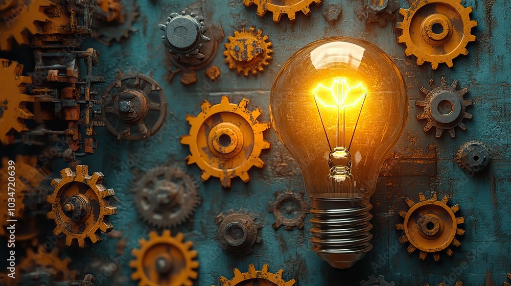 Poster conceptual image of lightbulb and gears symbolizing effectiveness and creativity ideal for illustrat