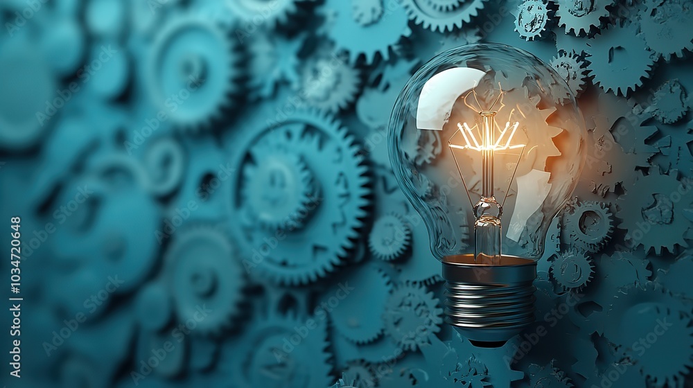 Poster conceptual image of lightbulb and gears symbolizing effectiveness and creativity ideal for illustrat