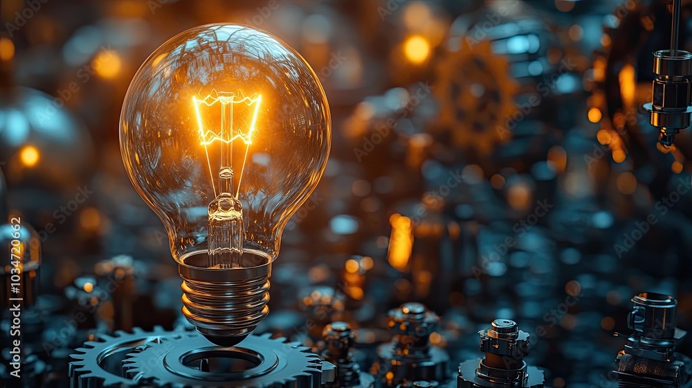 Poster conceptual image of lightbulb and gears symbolizing effectiveness and creativity ideal for illustrat