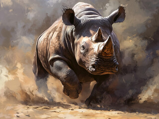 Fototapeta premium Robust Rhino Charging: Intense Tempera Paint Depiction of Wild Power