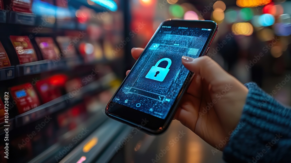 Poster contactless payment concept with lock symbol on smartphone screen highlighting secure nfc technology