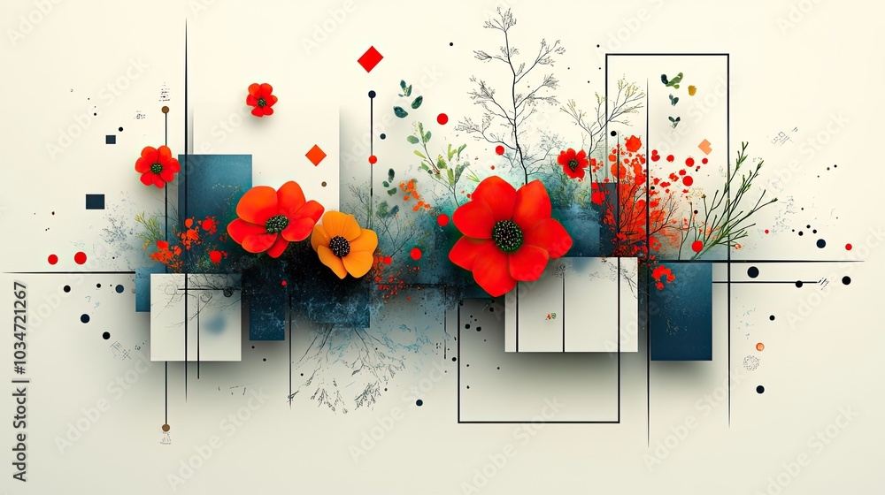 Poster creative process concept with diverse elements and interactions featuring arrows flowers and shapes 