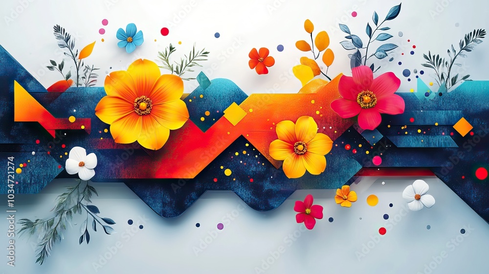 Poster creative process concept with diverse elements and interactions featuring arrows flowers and shapes 