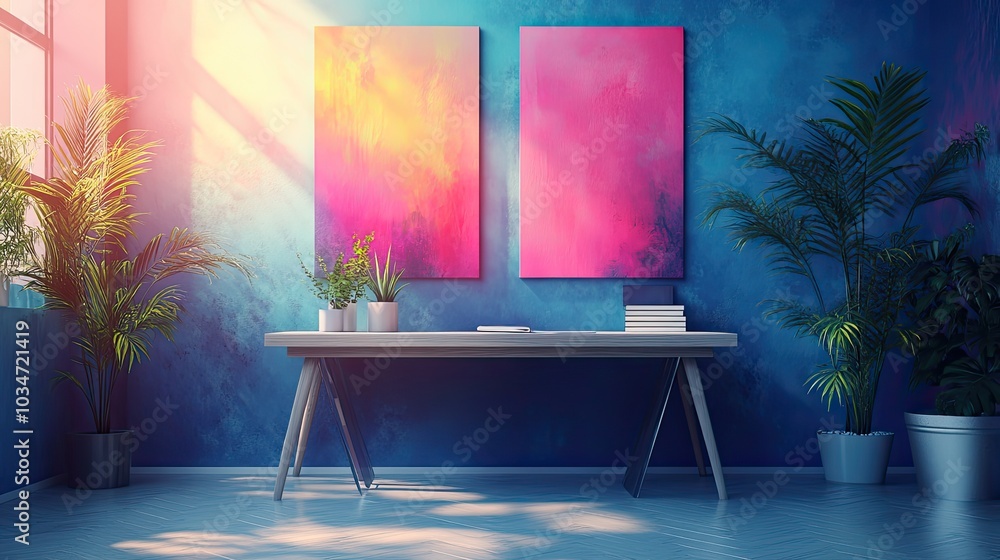 Poster creative workspace featuring desk with abstract paintings and plant symbolizing artistic inspiration