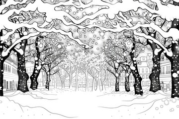 Obraz premium Coloring book illustration of snow covered trees with branches nighttime magic winter beauty peaceful dreams dark ambiance enchanting nature serene streets adorned with snow and twinkling lights
