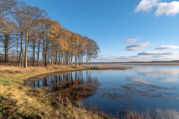 Obraz premium Autumn Trees Reflected in Calm Lake Water with Blue Sky and Clouds