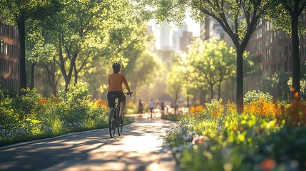 Obraz premium cyclist embracing an eco friendly lifestyle riding through an urban park on bike lane sustainable transportation methods in city planning and lifestyle choices for greener future.illustration