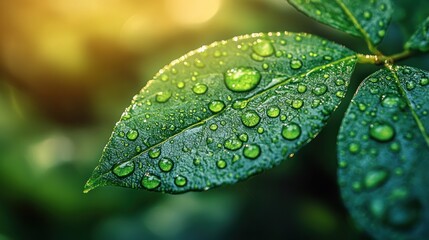 Close-up of Dew Drops on a Leaf