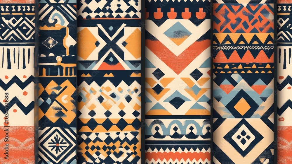 Poster geometric ethnic patterns featuring simple shapes and vibrant color palettes ideal for use in web de