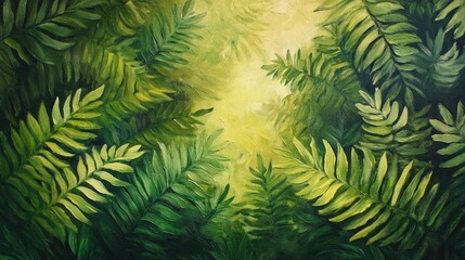 Fototapeta premium Vibrant macro oil painting of lush green fern leaves featuring a soft focus background Ideal for botanical themes desktop wallpapers and environmental concepts