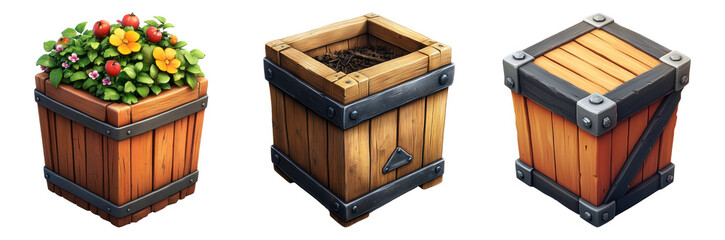 Decorative Wooden Boxes with Flowers and Soil