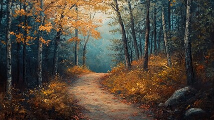 Oil painting depicting an enchanting hiking trail through a picturesque forest showcasing the serene beauty of an autumn landscape and harmony in nature