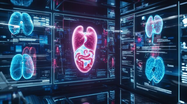 AI powered holographic displays in a high tech diagnostic center, showing internal organs in 3D