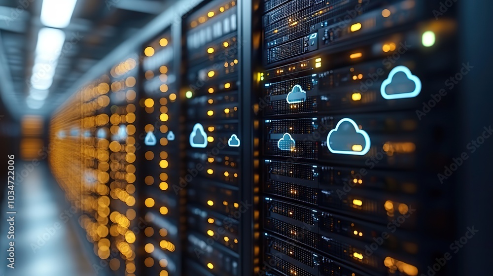 Poster dat center with digital cloud icons representing cloud budgeting and monitoring.stock image
