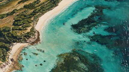 Obraz premium Aerial view of a beach destination featuring a crystal clear shoreline depicted in an oil painting style