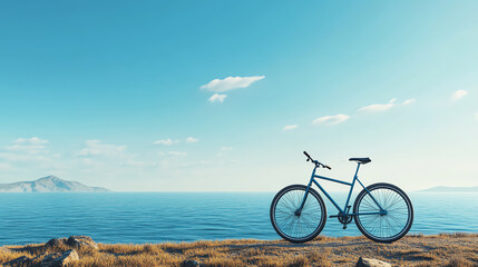 Fototapeta premium A serene landscape featuring a bicycle by the sea, with clear skies and distant mountains in the background, representing freedom and adventure.