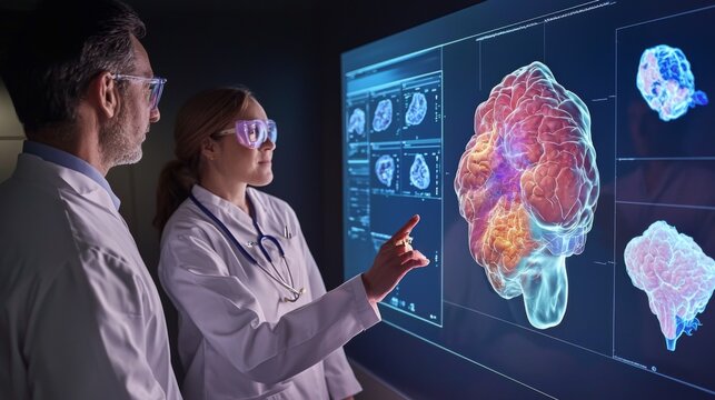 Medical professionals reviewing 3D renderings of a patient's tumor with AI-guided treatment suggestions