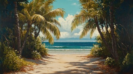 Obraz premium Oil painting depicting palm trees and a serene beach setting capturing the essence of a tropical paradise