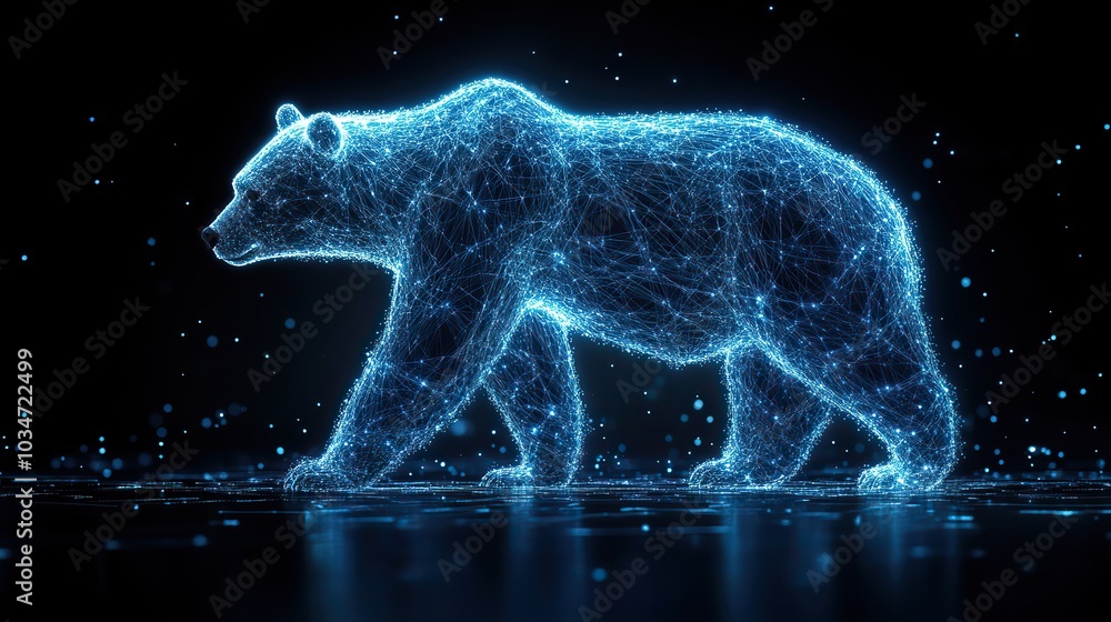 Poster digital bear composed of blue lines symbolizing polars package efficiency in dat analysis.illustrati