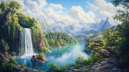 Fototapeta premium Oil painting depicting stunning natural vistas of a national park featuring cascading lakes and lush landscapes