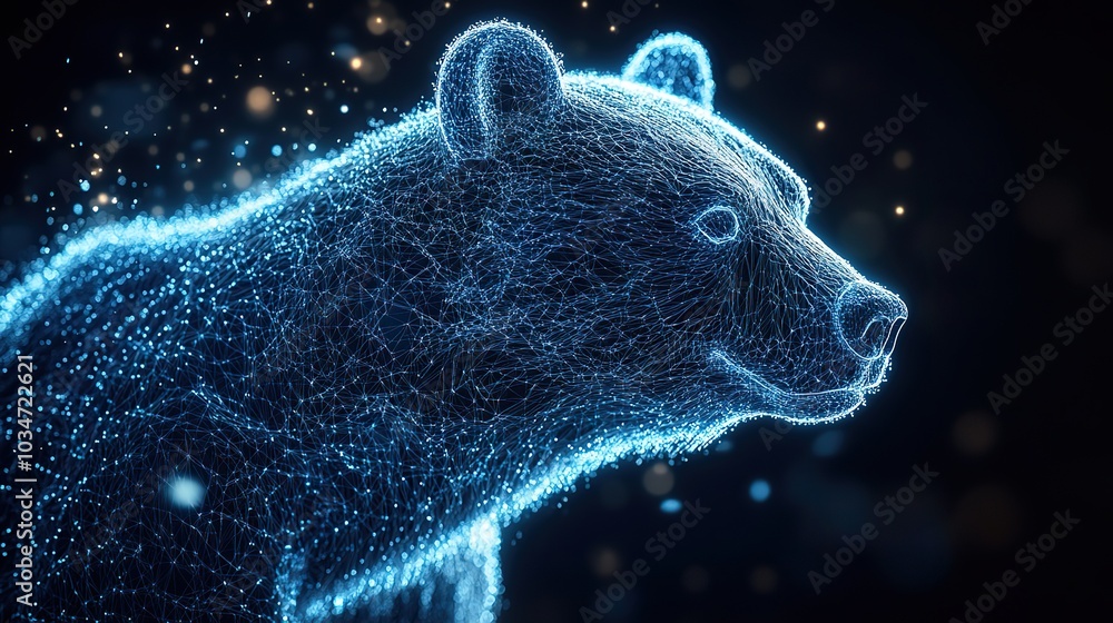 Poster digital bear head composed of blue wireframe lines symbolizing technology and dat visualization.stoc