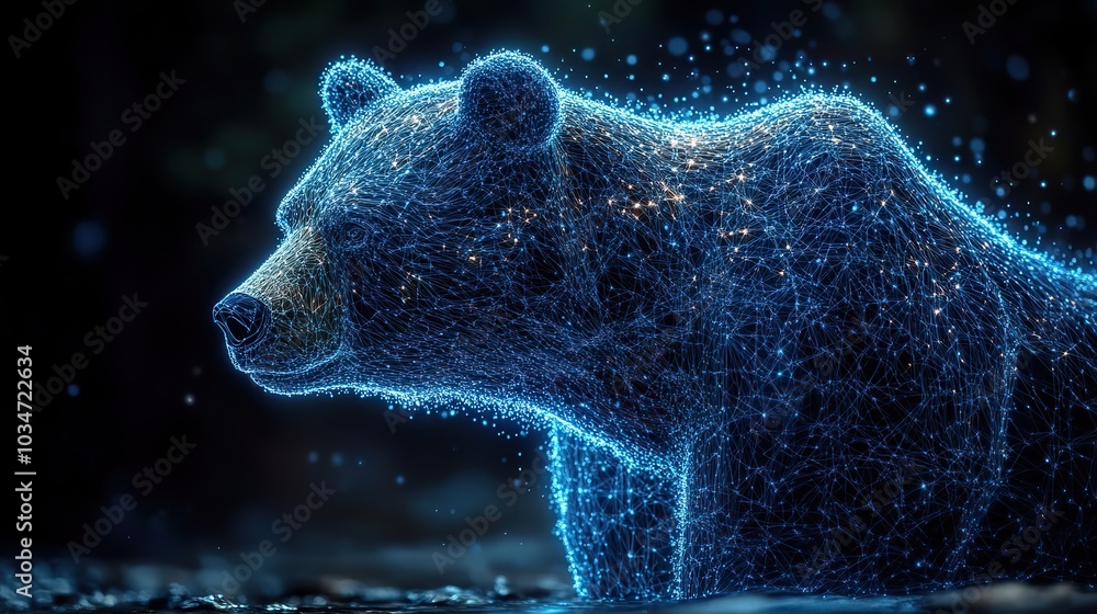 Poster digital bear head composed of blue wireframe lines symbolizing technology and dat visualization.imag