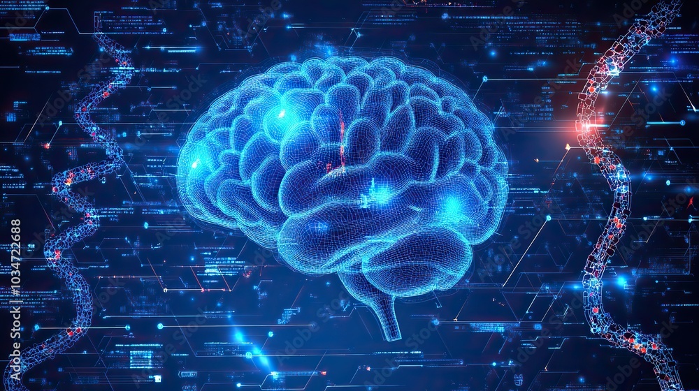 Poster digital brain and dn strands representing the connection between genetics and cognitive function.ill