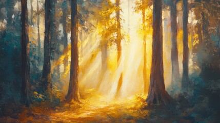 Fototapeta premium Oil painting depicting sunlight streaming through tree trunks in an evergreen forest Vibrant summer landscape with majestic trees golden light and striking natural beauty