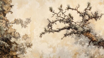 Abstract oil painting depicting a nature scene featuring lichen pine branches and dry snags on a beige backdrop ideal for cosmetics and beauty product branding with ample copy space