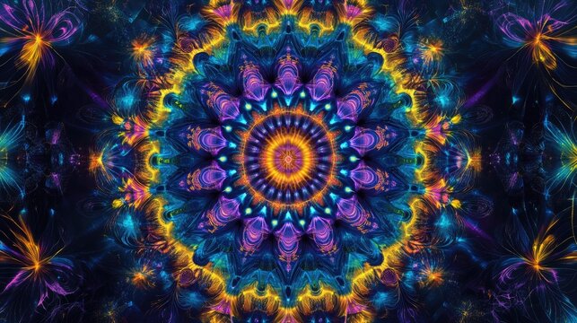 Fototapeta Symmetrical round fractal design featuring vibrant blue purple and yellow hues set against a dark background