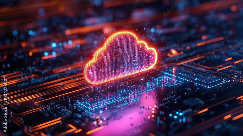 Poster digital cloud over circuit board symbolizing cloud computing and dat storage.illustration