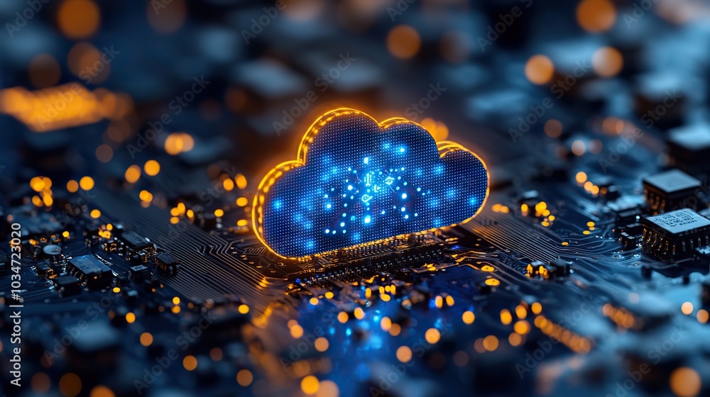 Poster digital cloud over circuit board symbolizing cloud computing and dat storage.image