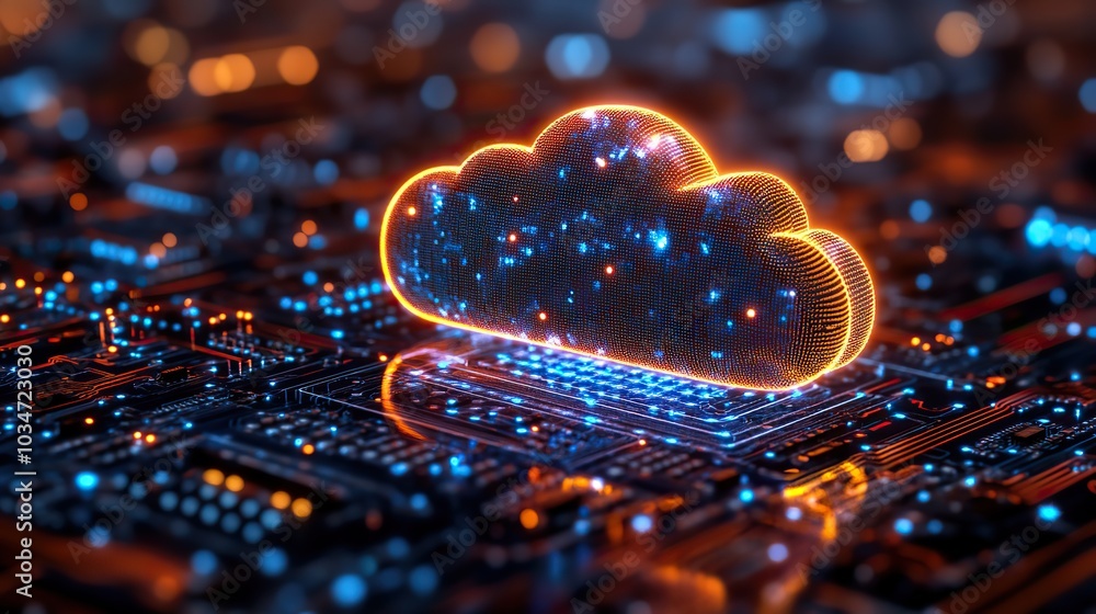 Poster digital cloud over circuit board symbolizing cloud computing and dat storage.stock image