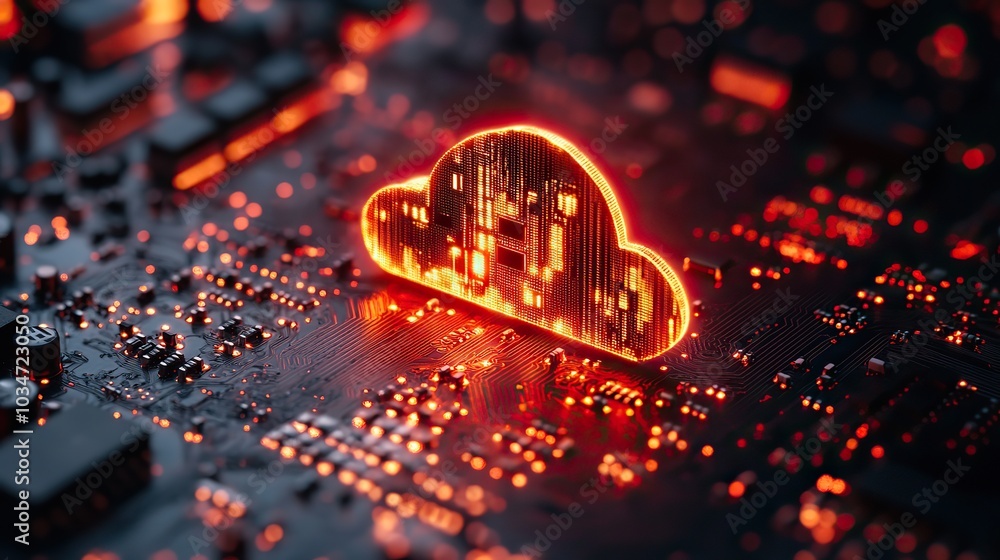 Poster digital cloud over circuit board symbolizing cloud computing and dat storage