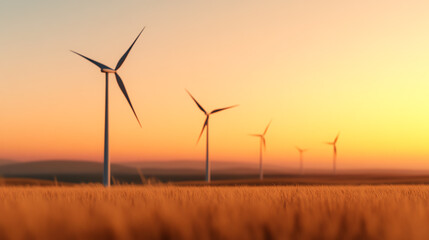 Fototapeta premium A stunning sunset showcases wind turbines rising above a golden wheat field, symbolizing clean energy and sustainable farming practices.